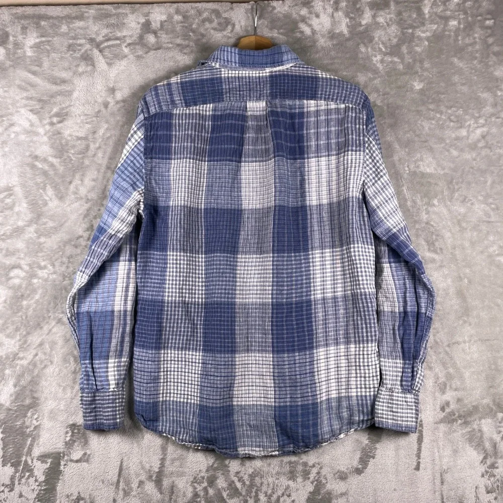 J. Crew Button Down Shirt Mens M Blue Plaid Slim Fit 100% Linen Long Sleeve